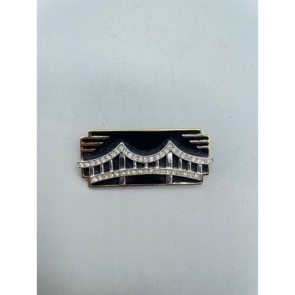 Vintage Signed MONET Pin Brooch Art Deco Inspired Black Enamel Over Gold Tone - Picture 8 of 14